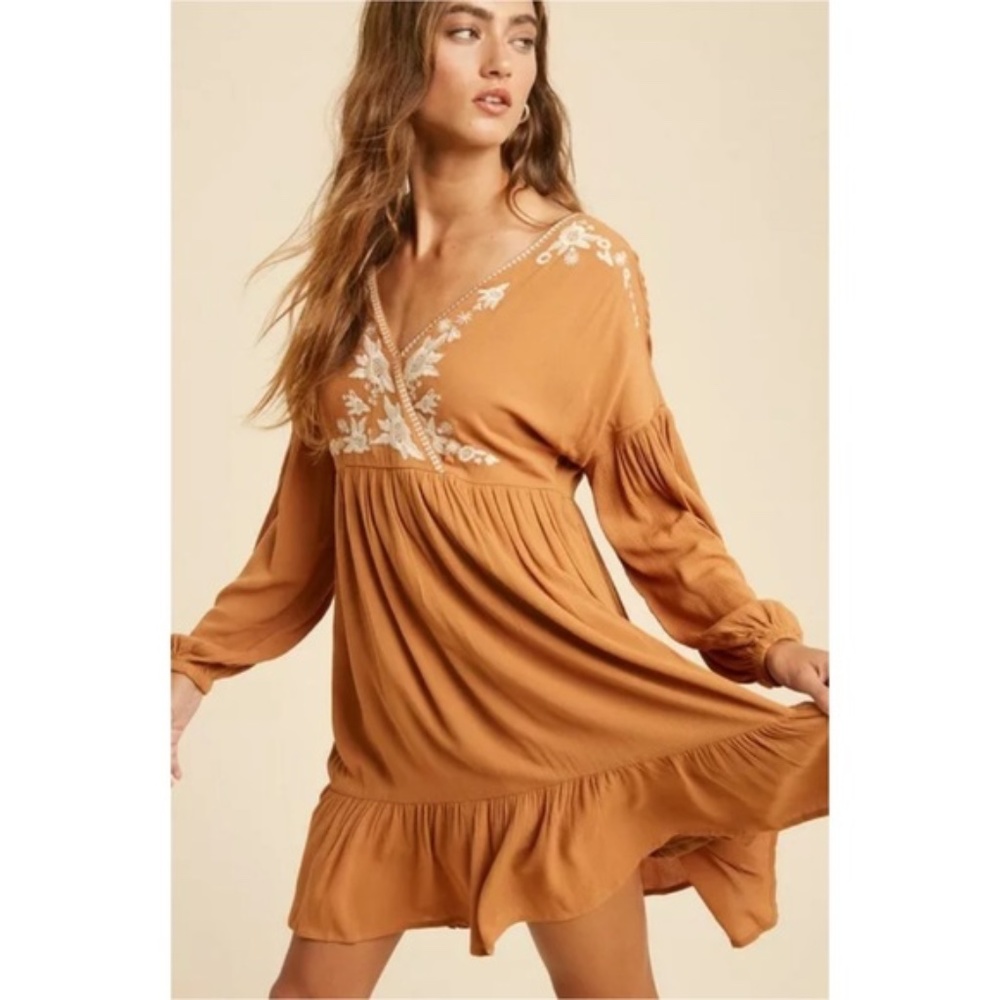 Earthen Embroidered Floral Ruffle Wrap Mini Dress - Picture 2 of 9